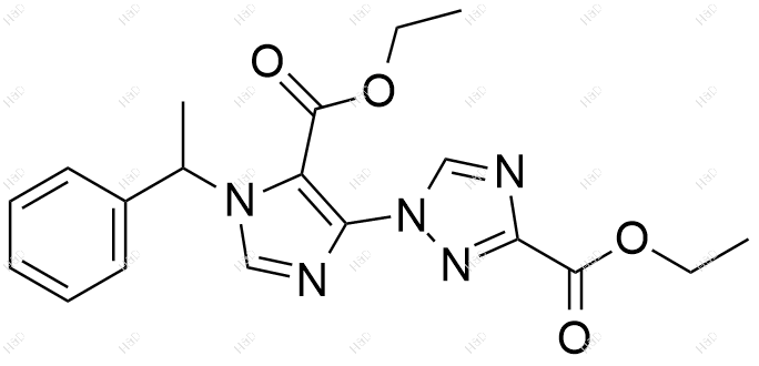 乙基1-(5-(乙氧羰基)-1-(1-苯基乙基)-1H-咪唑-4-基)-1H-1,2,4-三唑-3-甲酸酯结构式