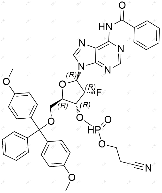 (2R,3R,4R,5R)-5-(6-苯酰胺-9H-嘌呤-9-基)-2-((双(4-甲氧基苯基)(苯基)甲氧基)甲基)-4-氟四氢呋喃-3-基 (2-氰基乙基) 磷酸酯结构式