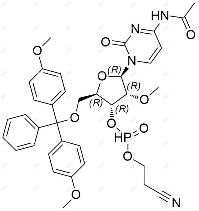 (2R,3R,4R,5R)-5-(4-乙酰氨基-2-氧代嘧啶-1(2H)-基)-2-((双(4-甲氧基苯基)(苯基)甲氧基)甲基)-4-甲氧基四氢呋喃-3-基(2-氰基乙基)膦酸酯结构式
