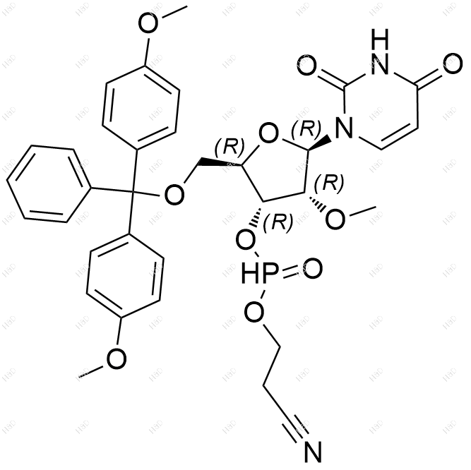 (2R,3R,4R,5R)-2-((双(4-甲氧基苯基)(苯基)甲氧基)甲基)-5-(2,4-二氧代-3,4-二氢嘧啶-1(2H)-基)-4-甲氧基四氢呋喃-3-基(2-氰乙基)膦酸酯结构式