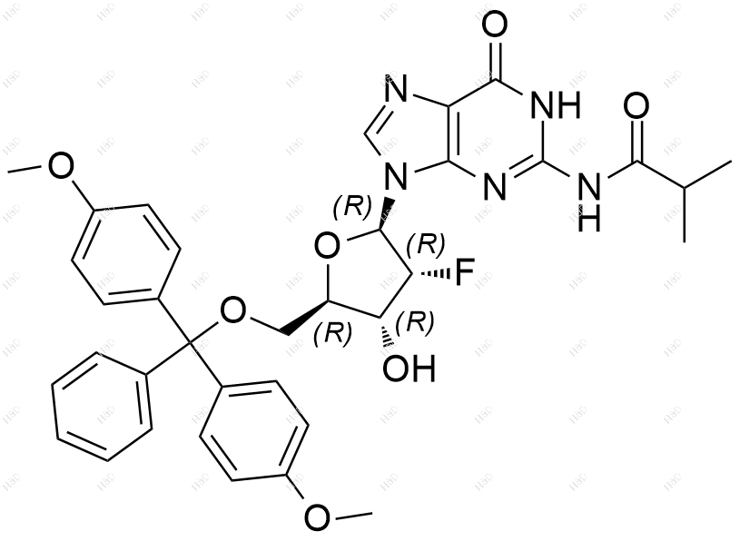 5'-DMT-2'-氟-异丁酰基-2'-脱氧鸟苷化学结构式