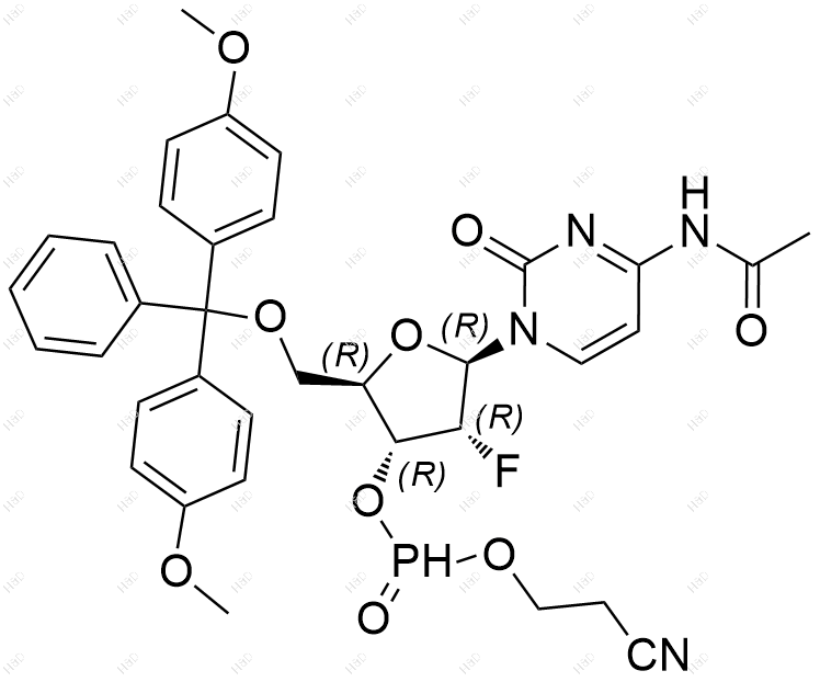 (2R,3R,4R,5R)-5-(4-乙酰氨基-2-氧代嘧啶-1(2H)-基)-2-((双(4-甲氧基苯基)(苯基)甲氧基)甲基)-4-氟四氢呋喃-3-基(2-氰基乙基)膦酸酯结构式