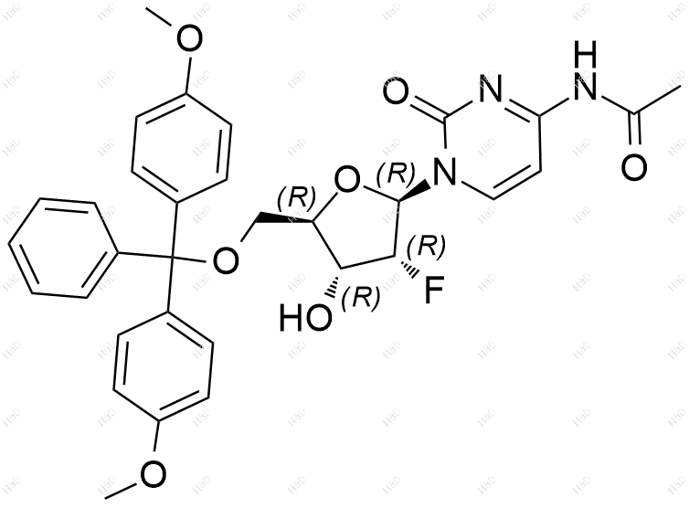 N-乙酰基-5'-O-[双(4-甲氧基苯基)苯基甲基]-2'-脱氧-2'-氟胞苷化学结构式