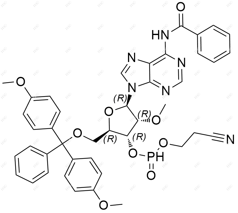 (2R,3R,4R,5R)-5-(6-苯酰胺-9H-嘌呤-9-基)-2-((双(4-甲氧基苯基)(苯基)甲氧基)甲基)-4-甲氧基四氢呋喃-3-基(2-氰乙基)膦酸酯结构式